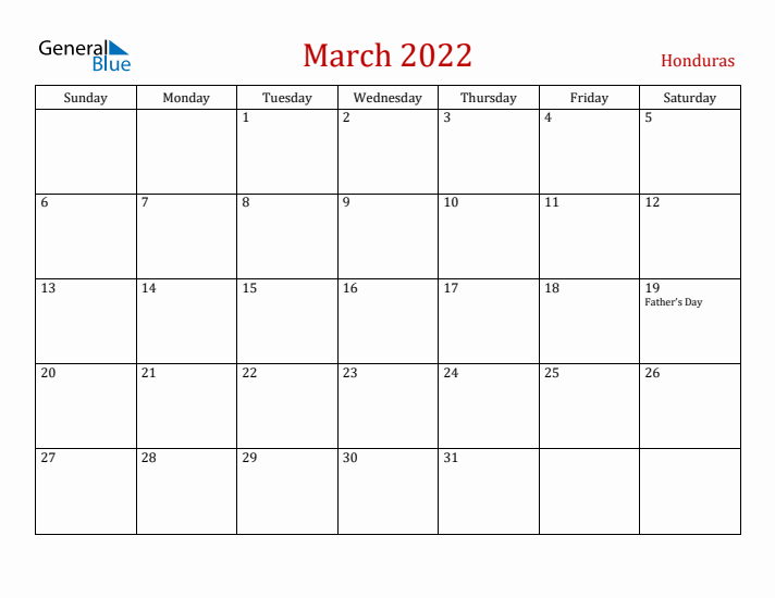 Honduras March 2022 Calendar - Sunday Start