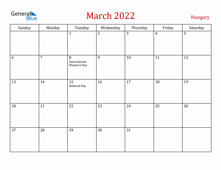 Hungary March 2022 Calendar - Sunday Start