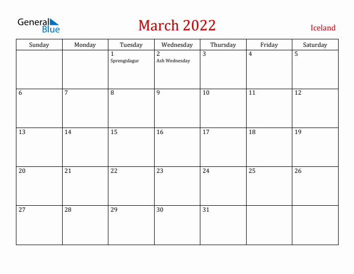 Iceland March 2022 Calendar - Sunday Start