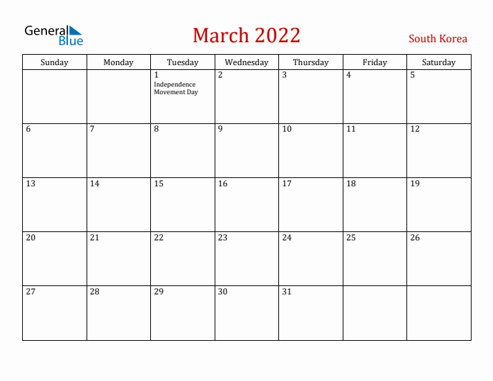 South Korea March 2022 Calendar - Sunday Start
