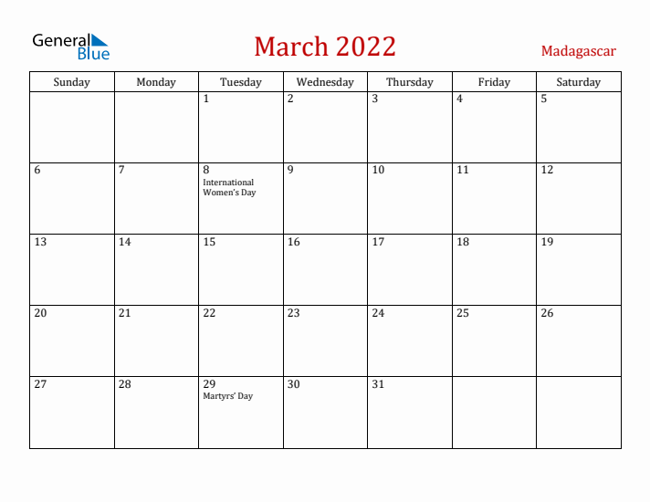 Madagascar March 2022 Calendar - Sunday Start