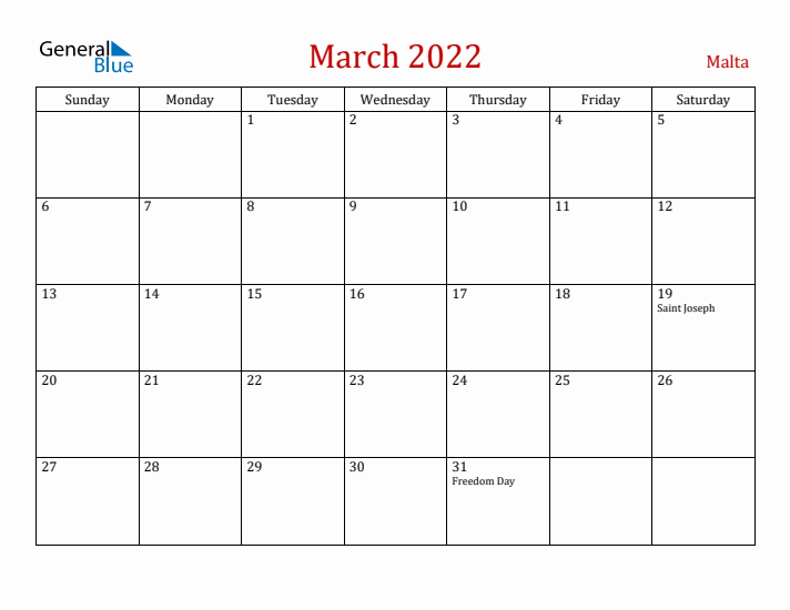 Malta March 2022 Calendar - Sunday Start