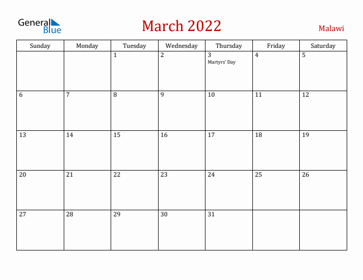 Malawi March 2022 Calendar - Sunday Start