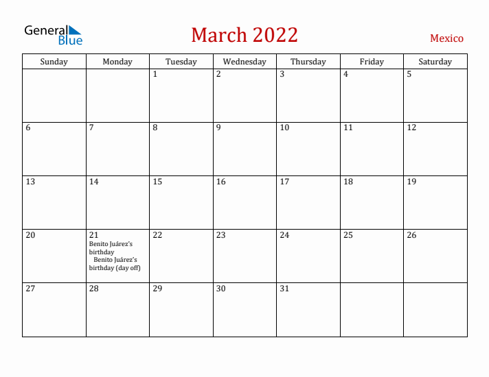 Mexico March 2022 Calendar - Sunday Start