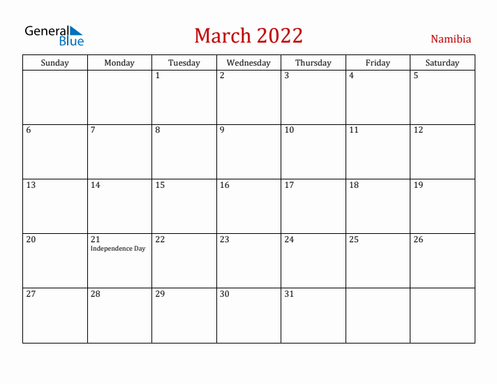 Namibia March 2022 Calendar - Sunday Start