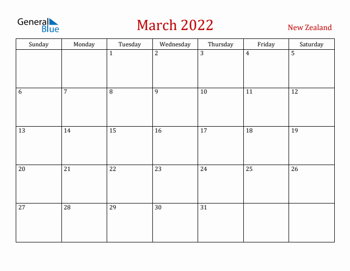 New Zealand March 2022 Calendar - Sunday Start