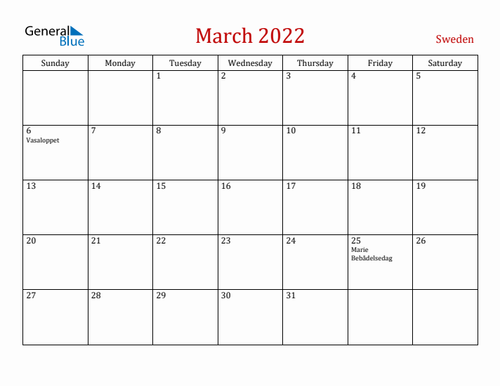 Sweden March 2022 Calendar - Sunday Start