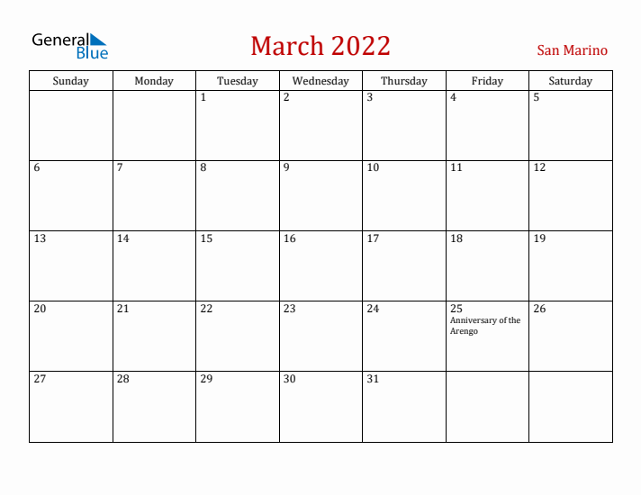 San Marino March 2022 Calendar - Sunday Start