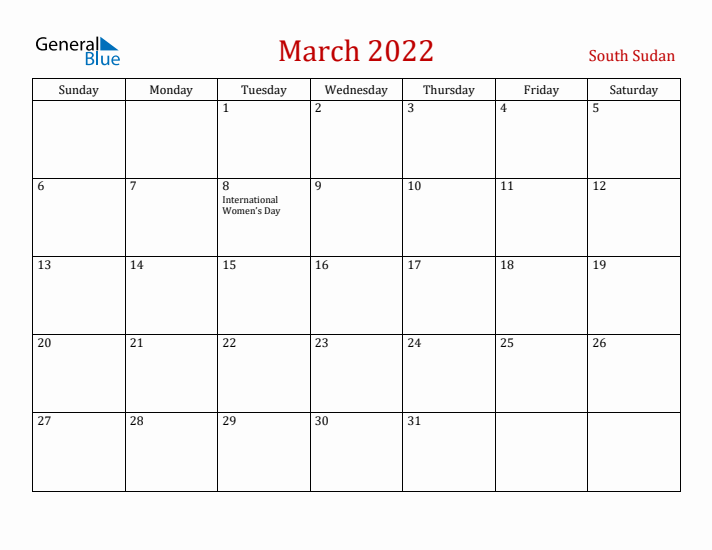 South Sudan March 2022 Calendar - Sunday Start
