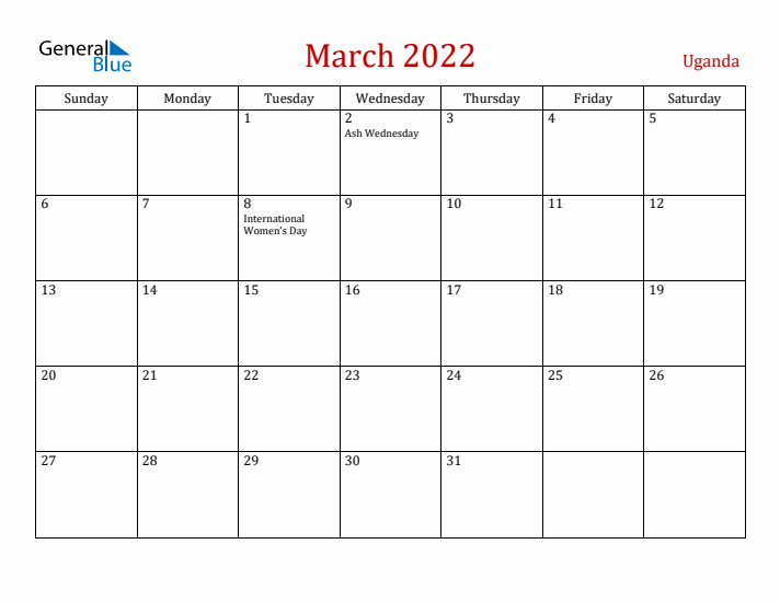 Uganda March 2022 Calendar - Sunday Start