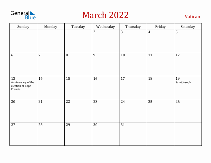 Vatican March 2022 Calendar - Sunday Start