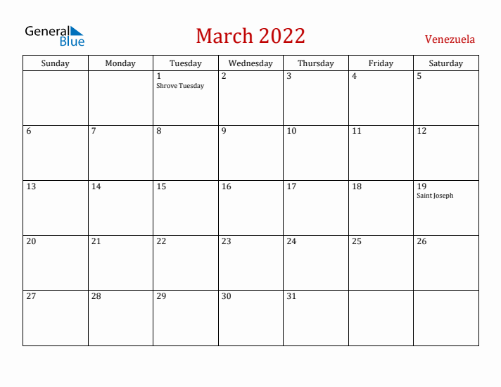 Venezuela March 2022 Calendar - Sunday Start