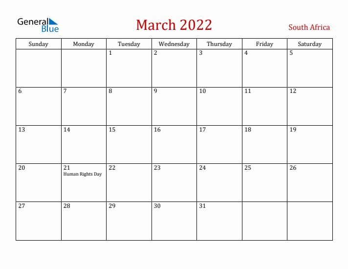 South Africa March 2022 Calendar - Sunday Start