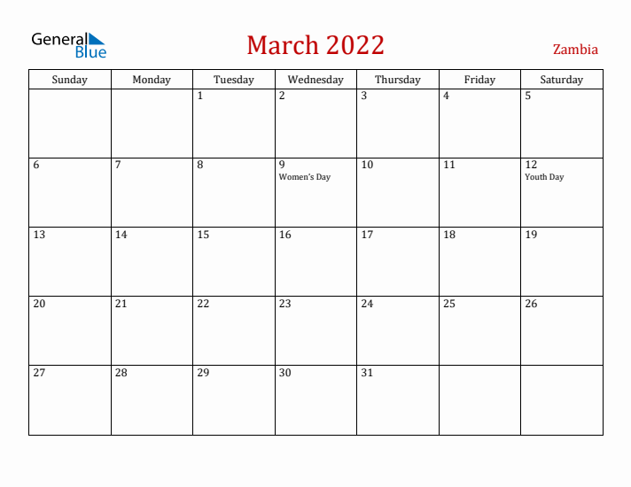 Zambia March 2022 Calendar - Sunday Start