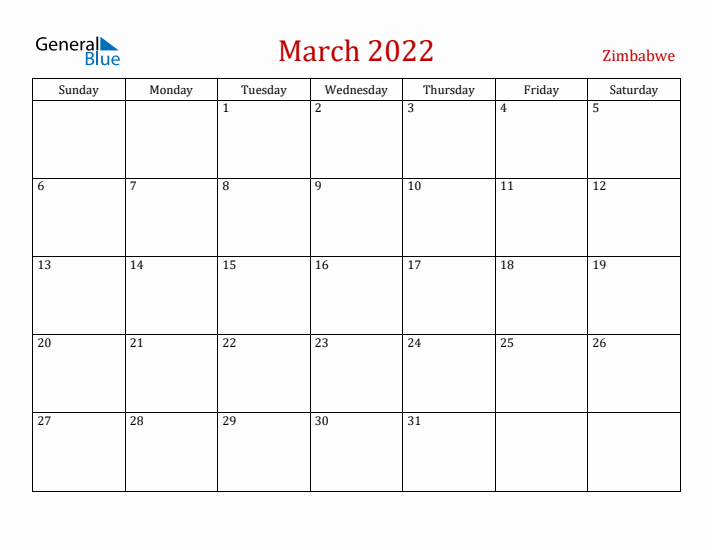 Zimbabwe March 2022 Calendar - Sunday Start