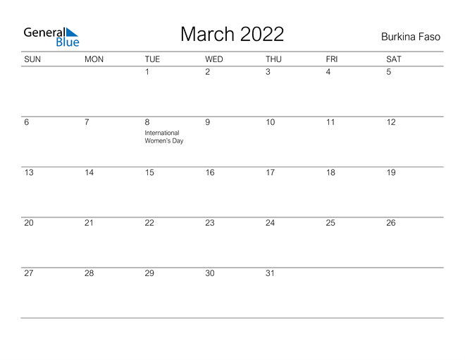 Printable March 2022 Calendar for Burkina Faso