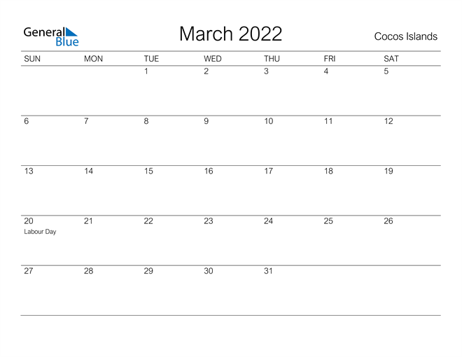 Printable March 2022 Calendar for Cocos Islands