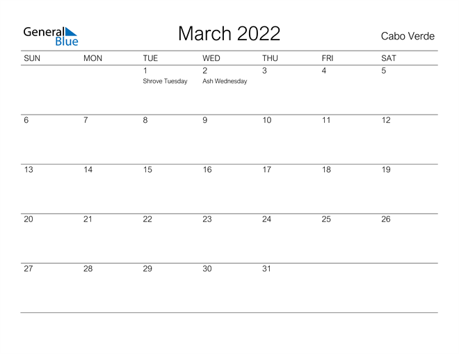 Printable March 2022 Calendar for Cabo Verde