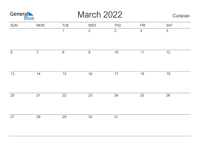 Printable March 2022 Calendar for Curacao