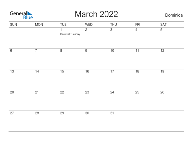 Printable March 2022 Calendar for Dominica