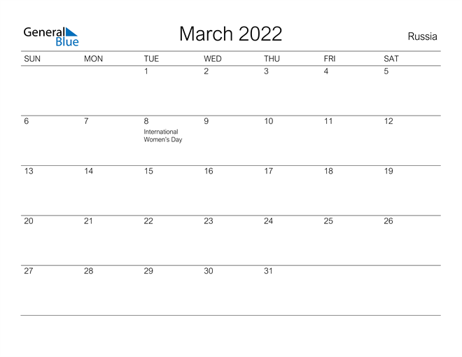 Printable March 2022 Calendar for Russia
