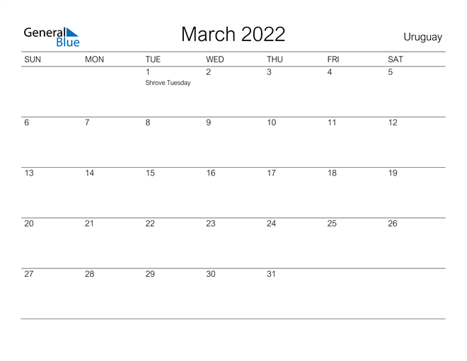 Printable March 2022 Calendar for Uruguay