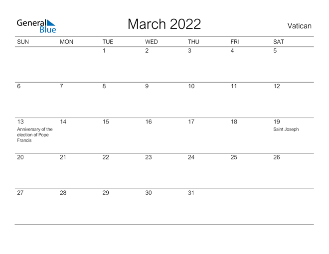 Printable March 2022 Calendar for Vatican