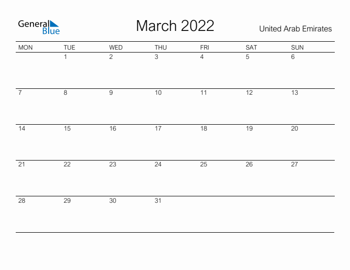Printable March 2022 Calendar for United Arab Emirates