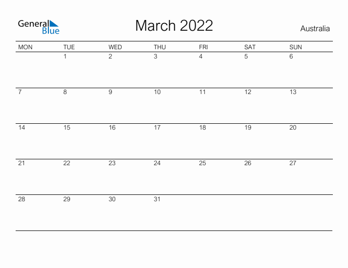 Printable March 2022 Calendar for Australia