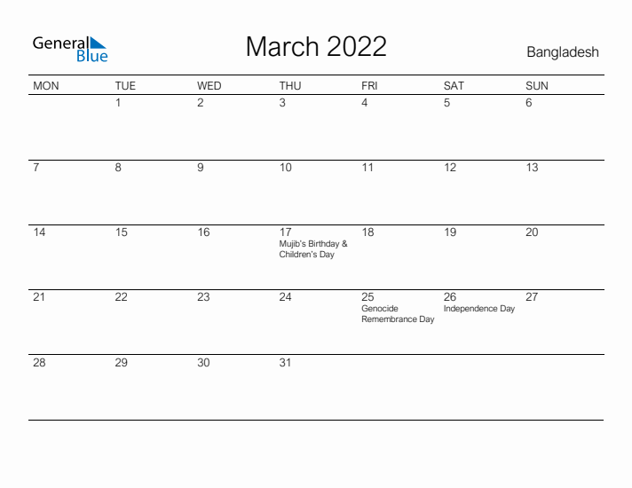 Printable March 2022 Calendar for Bangladesh