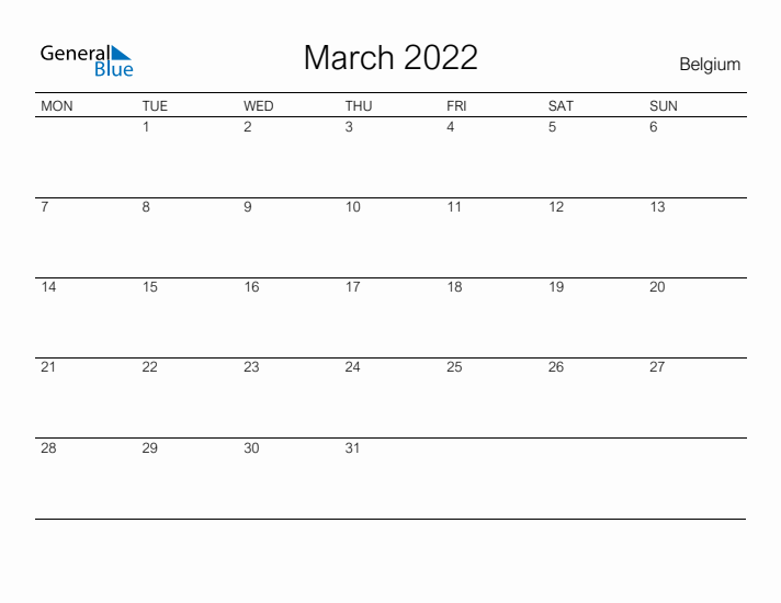 Printable March 2022 Calendar for Belgium