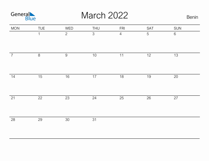 Printable March 2022 Calendar for Benin