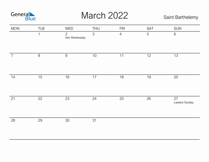 Printable March 2022 Calendar for Saint Barthelemy