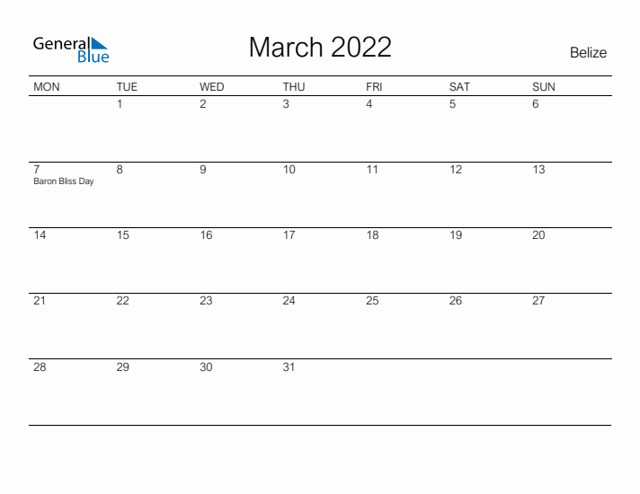 Printable March 2022 Calendar for Belize