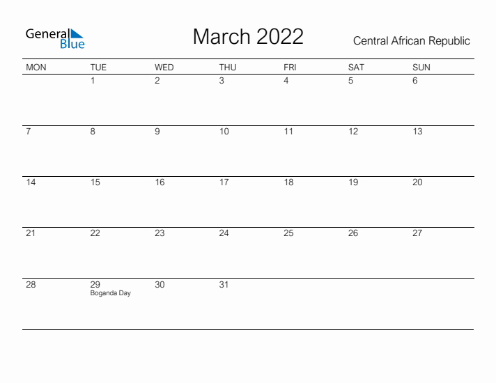 Printable March 2022 Calendar for Central African Republic
