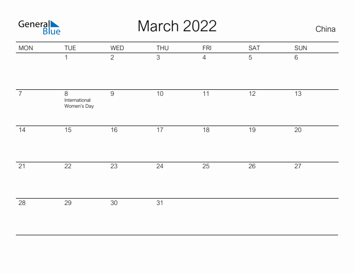 Printable March 2022 Calendar for China
