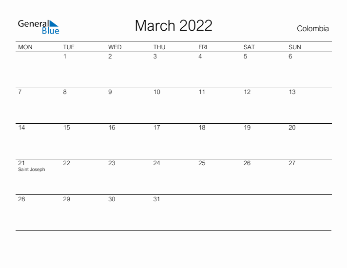 Printable March 2022 Calendar for Colombia