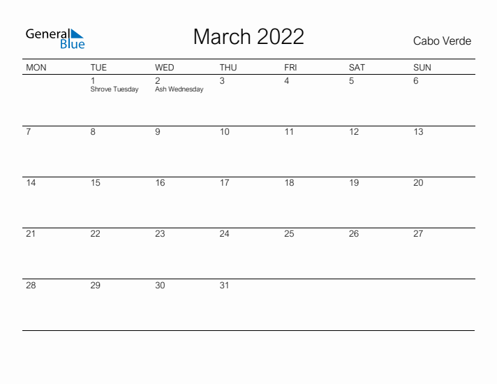 Printable March 2022 Calendar for Cabo Verde