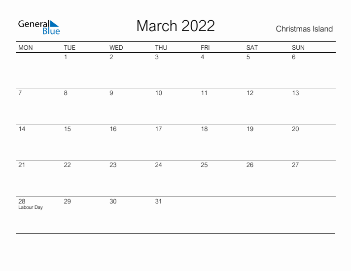 Printable March 2022 Calendar for Christmas Island