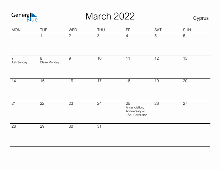 Printable March 2022 Calendar for Cyprus