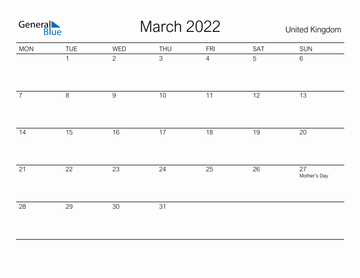 Printable March 2022 Calendar for United Kingdom