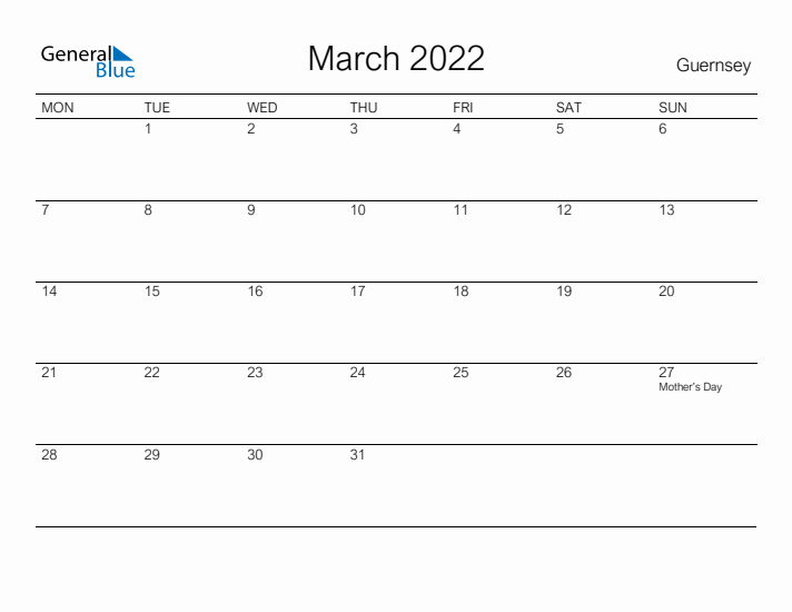 Printable March 2022 Calendar for Guernsey
