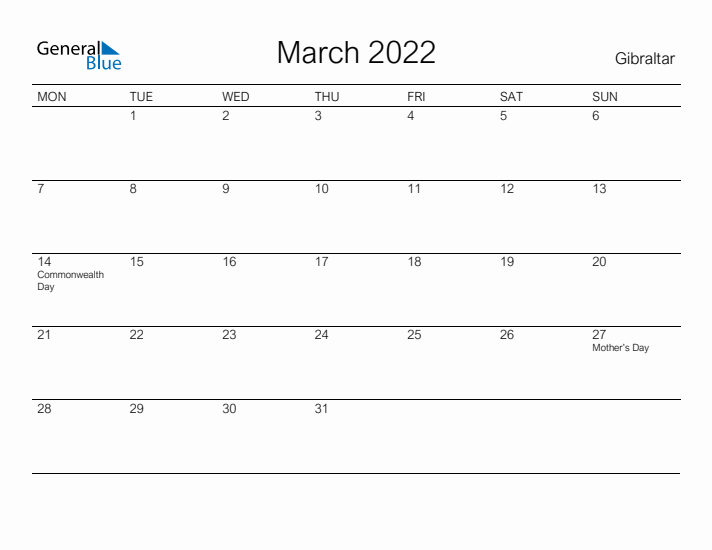 Printable March 2022 Calendar for Gibraltar