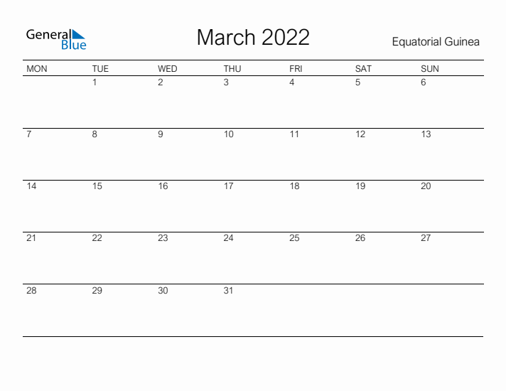 Printable March 2022 Calendar for Equatorial Guinea