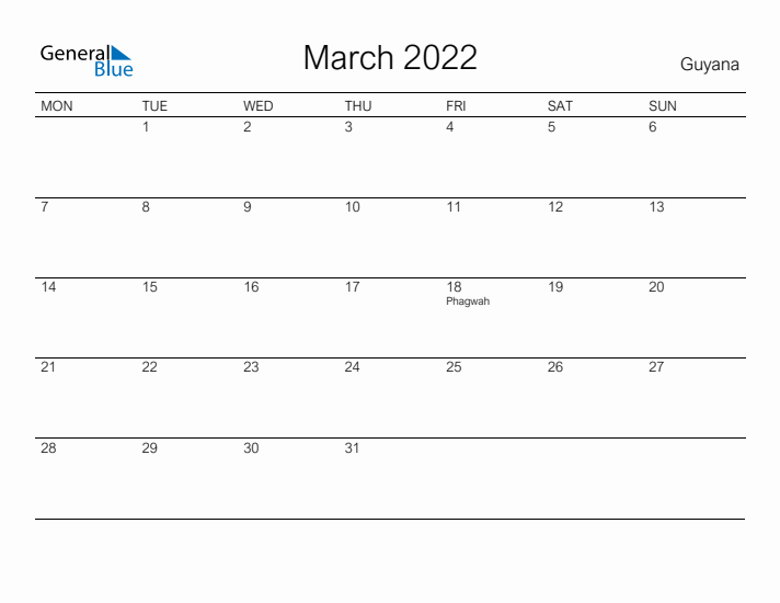 Printable March 2022 Calendar for Guyana