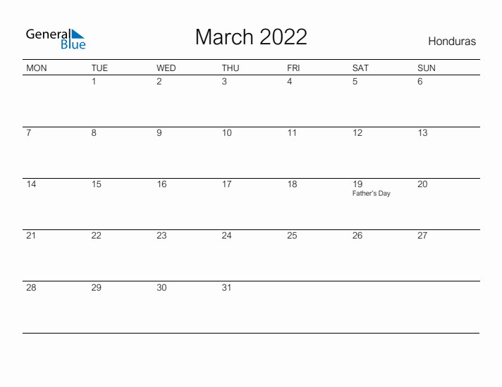 Printable March 2022 Calendar for Honduras