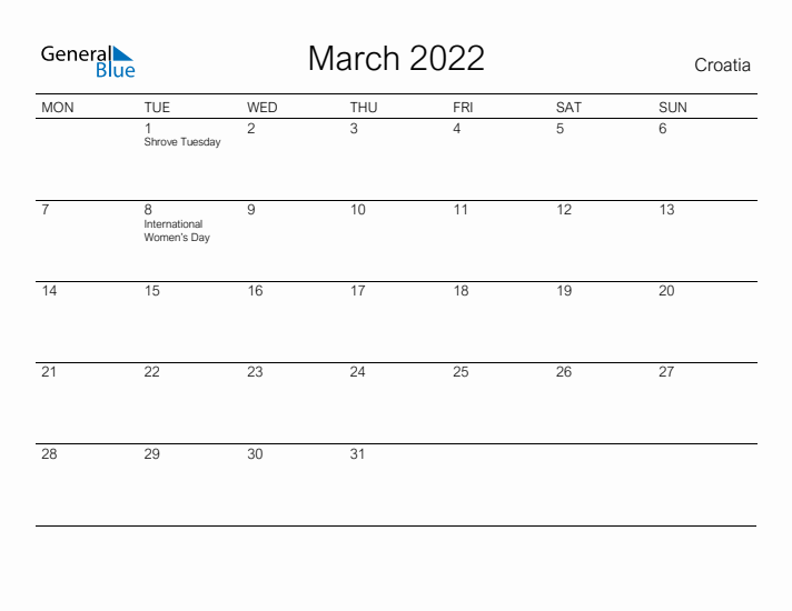 Printable March 2022 Calendar for Croatia