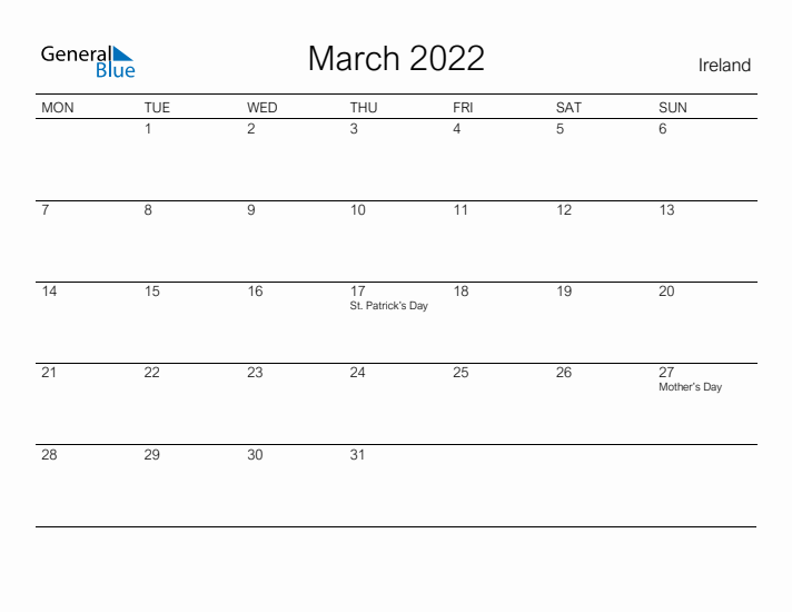 Printable March 2022 Calendar for Ireland