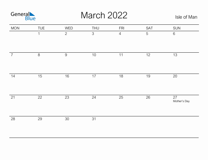 Printable March 2022 Calendar for Isle of Man