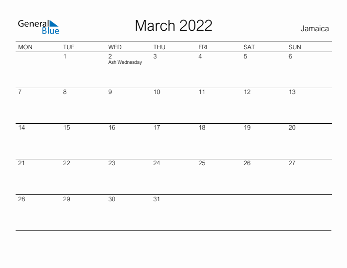 Printable March 2022 Calendar for Jamaica